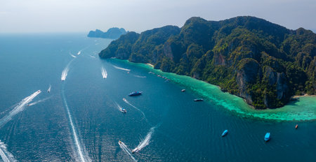 Aerial View of Phi Phi Islands with Boats and Turquoise Watersの写真素材