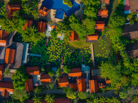 Aerial View of Thai Architecture, Lotus Pond, and Swimming Poolの写真素材