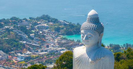 Big Buddha Statue Overlooking Coastline in Phuket, Thailandの写真素材