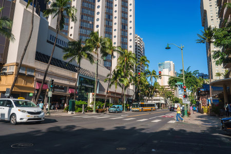 Urban Street Scene with High Rise in Honolulu, Hawaii