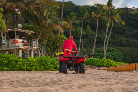 Lifeguard on ATV Near Tower and Palm Trees on Hawaiian Beach