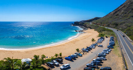 Aerial View of Oahu Beach with Coastal Road and Turquoise Watersの写真素材