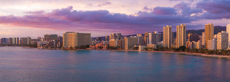 Aerial View of Waikiki Beach and Skyline at Sunsetの写真素材