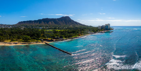 Aerial View of Oahu with Diamond Head Crater and Pacific Coastline