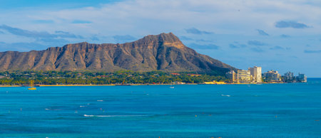 Aerial View of Diamond Head Crater and Honolulu Skyline in Hawaiiの写真素材