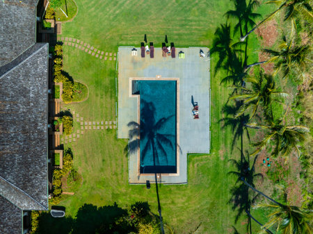 Aerial View of a Pool with Palm Tree Shadows on Kauai Island