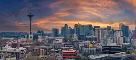 Aerial View of Seattle Skyline with Space Needle at Sunsetの写真素材