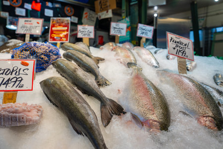 Seafood Display at Pike Place Market in Seattle, USAの写真素材