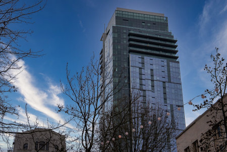 Modern High Rise Building in Downtown Seattle Framed by Trees