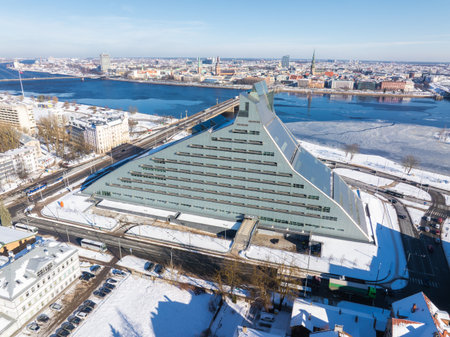 Aerial View of National Library of Latvia and Riga Old Town in Winterの写真素材