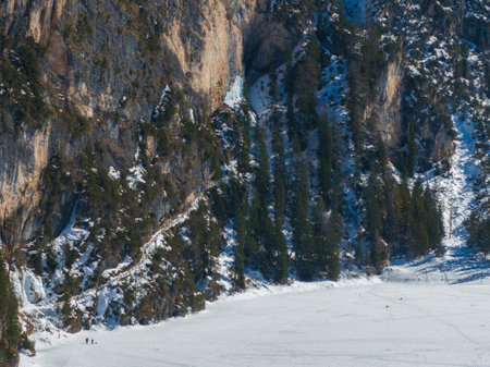 Aerial Winter View of Frozen Braies Lake in the Dolomites, Italyの写真素材