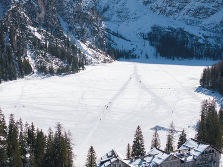 Aerial Winter View of Frozen Braies Lake in the Dolomites, Italyの写真素材