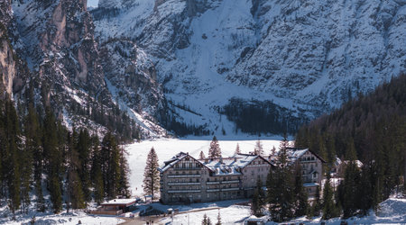 Aerial Winter View of Frozen Braies Lake in the Dolomites, Italyの写真素材