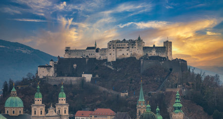 Aerial View of Hohensalzburg Fortress and Salzburg at Sunset