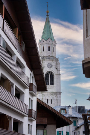 Bell Tower of Basilica Minore in Cortina dAmpezzo, Italyの写真素材