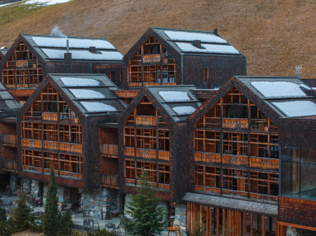 Aerial View of Chalet Style Alpine Hotel in the Dolomites, Italy