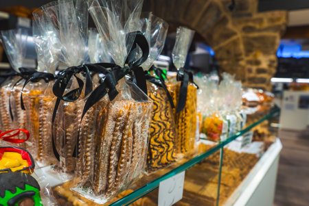 Packaged Cookies and Pastries in a Bakery in Bergamo, Italyの写真素材