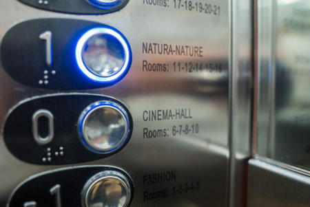 Elevator Control Panel with Themed Floor Buttons in Boutique Hotel