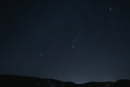 Starry Night Sky with Orion Over Forested Mountains in South Tyrolの写真素材