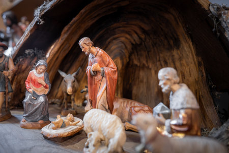 Detailed Nativity Scene with Wooden Figurines in Cortina, Dolomitesの写真素材