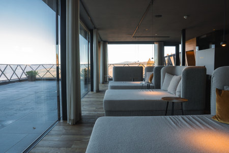 Modern Hotel Lounge with Glass Windows in South Tyrol, Italyの写真素材