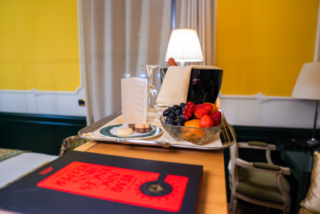 Elegant Boutique Hotel Room with Fruit Tray in Cortina, Italyの写真素材