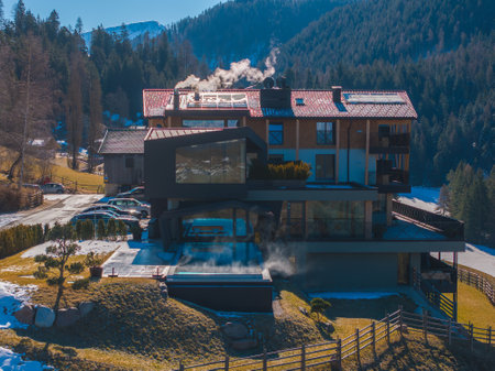 Modern Luxury Hotel with Outdoor Spa in South Tyrols Alpine Settingの写真素材
