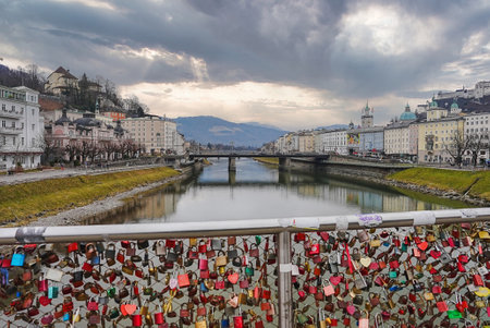 Scenic View of Salzburg with Salzach River and Love Lock Bridgeの写真素材