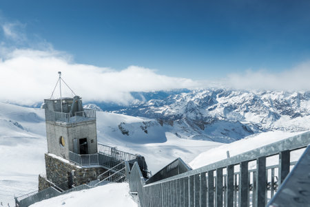 Stone Observation Tower with Balcony in the Swiss Alps Near Zermattの写真素材