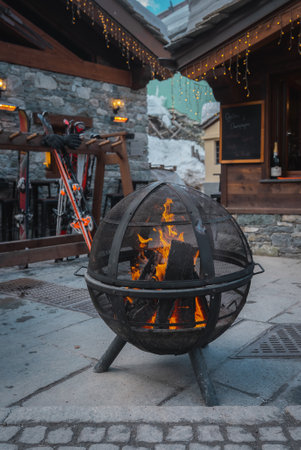 Spherical Fire Pit at Zermatt Ski Resort, Switzerlandの写真素材