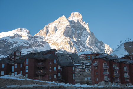 Matterhorn Mountain with Ski Resort Buildings and Ski Liftsの写真素材
