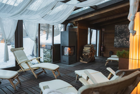 Luxury Hotel Interior with Fireplace and Snowy View in Zermattの写真素材