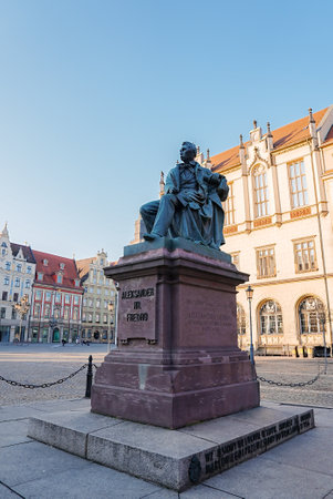 Statue of Aleksander Fredro in Wroclaws Historic Old Town Squareの写真素材