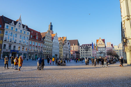 Market Square in Wroclaw, Poland with Historic Townhousesの写真素材