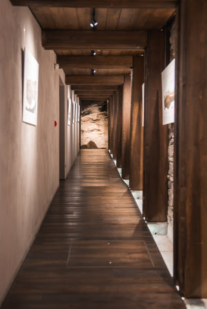 Modern Hallway with Wooden Beams in Luxury Italian Alpine Hotelの写真素材