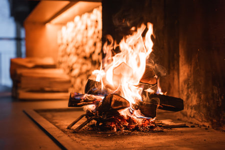 Cozy Indoor Fireplace with Burning Logs in Italian Alpine Hotelの写真素材