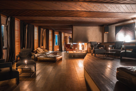 Luxurious Lounge Interior with Fireplace in Italian Alpine Hotel