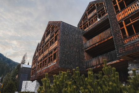 Hotel with Rustic Wooden Design in the Italian Alpsの写真素材