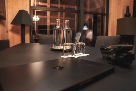 Modern Wooden Interior with Table Setting in Italian Alps Hotelの写真素材