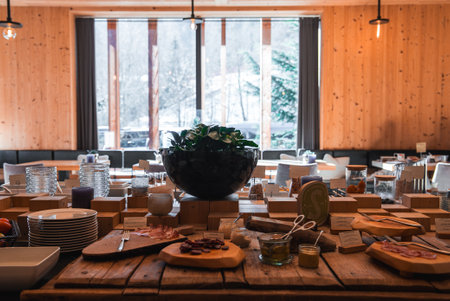 Rustic Dining Area with Buffet in Luxury Hotel, Italian Alps