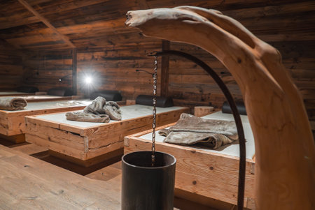 Rustic Interior of Luxury Hotel Spa with Wooden Water Featureの写真素材