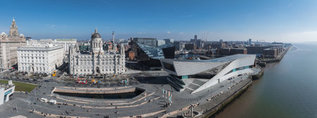 Aerial View of Liverpool Waterfront with Iconic Landmarks