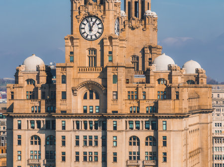 Aerial View of the Royal Liver Building in Liverpool, Englandの写真素材