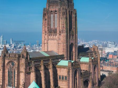 Aerial View of Liverpool Cathedral and Cityscape in Englandの写真素材