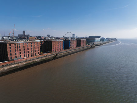 Aerial View of Liverpools Albert Dock and Waterfront Landmarksの写真素材