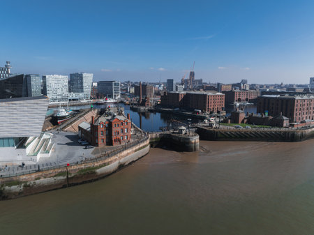 Aerial View of Liverpool Featuring Albert Dock and River Merseyの写真素材