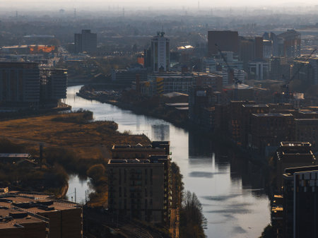 Aerial View of Manchester Cityscape with River and Skyscrapers