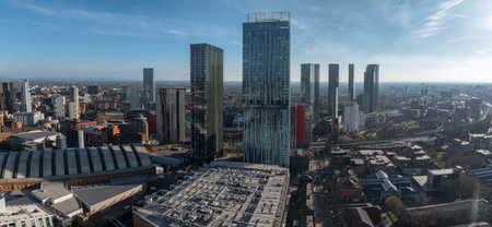 Aerial View of Manchester Skyline with Beetham Tower and City Landmarks