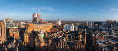 Aerial View of Manchester City Center with Historic and Modern Buildingsの写真素材