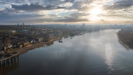 Aerial View of River Thames and Greenwich with Historic Landmarksの写真素材
